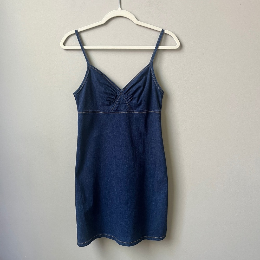 Vintage Dress Women's XS Dark Wash Blue Denim Fitted Stretchy Y2K Mini Western